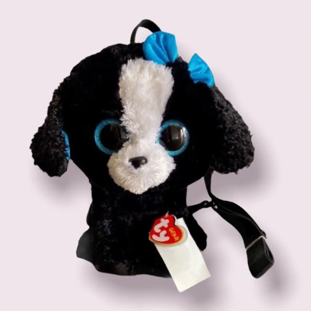 Ty Tracey Black & White Poodle with Blue Bow Backpack
